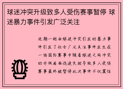 球迷冲突升级致多人受伤赛事暂停 球迷暴力事件引发广泛关注 球迷冲突升级致多人受伤赛事暂停 球迷暴力事件引发广泛关注